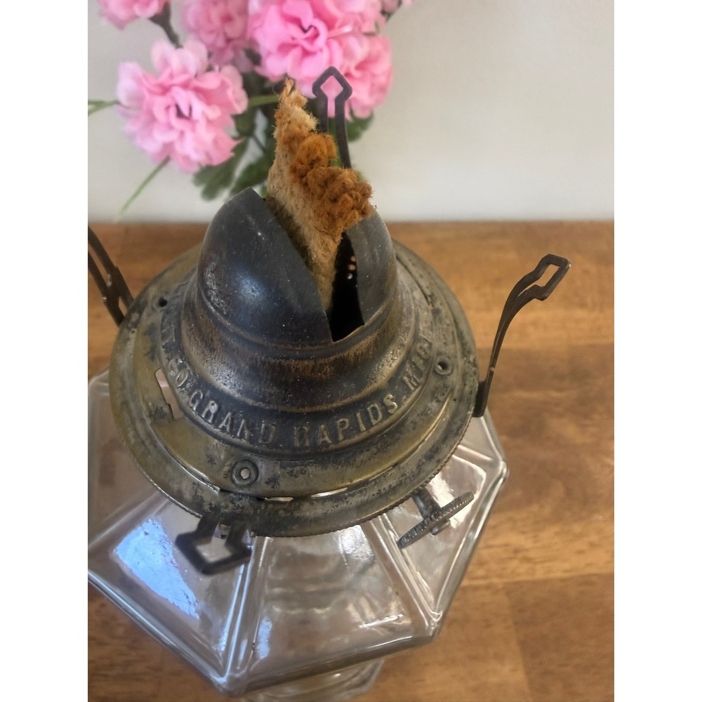 Vintage Grand Rapids Flame Light Pressed Glass Oil Lamp UV Reactive Farmhouse - Picture 11 of 15